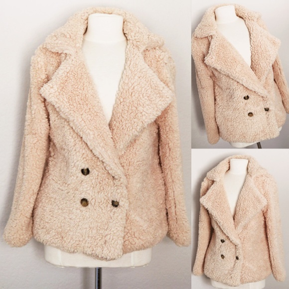 FAVLUX Jackets & Blazers - Beige Fluffy Cozy Soft Button Pocket Teddy Jacket